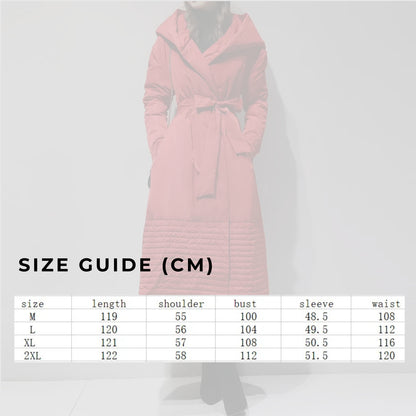 Women's Long Hooded Down Coat with Belt - ChoreGirl