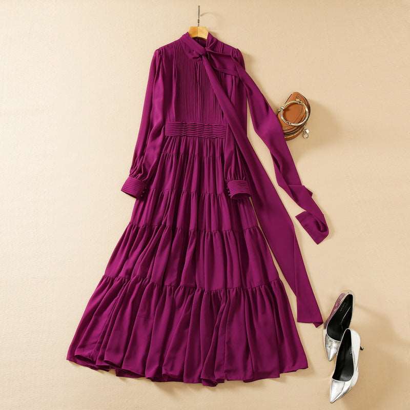 Women's Long Sleeve Chiffon Dress with a bow Bow Collar - ChoreGirl