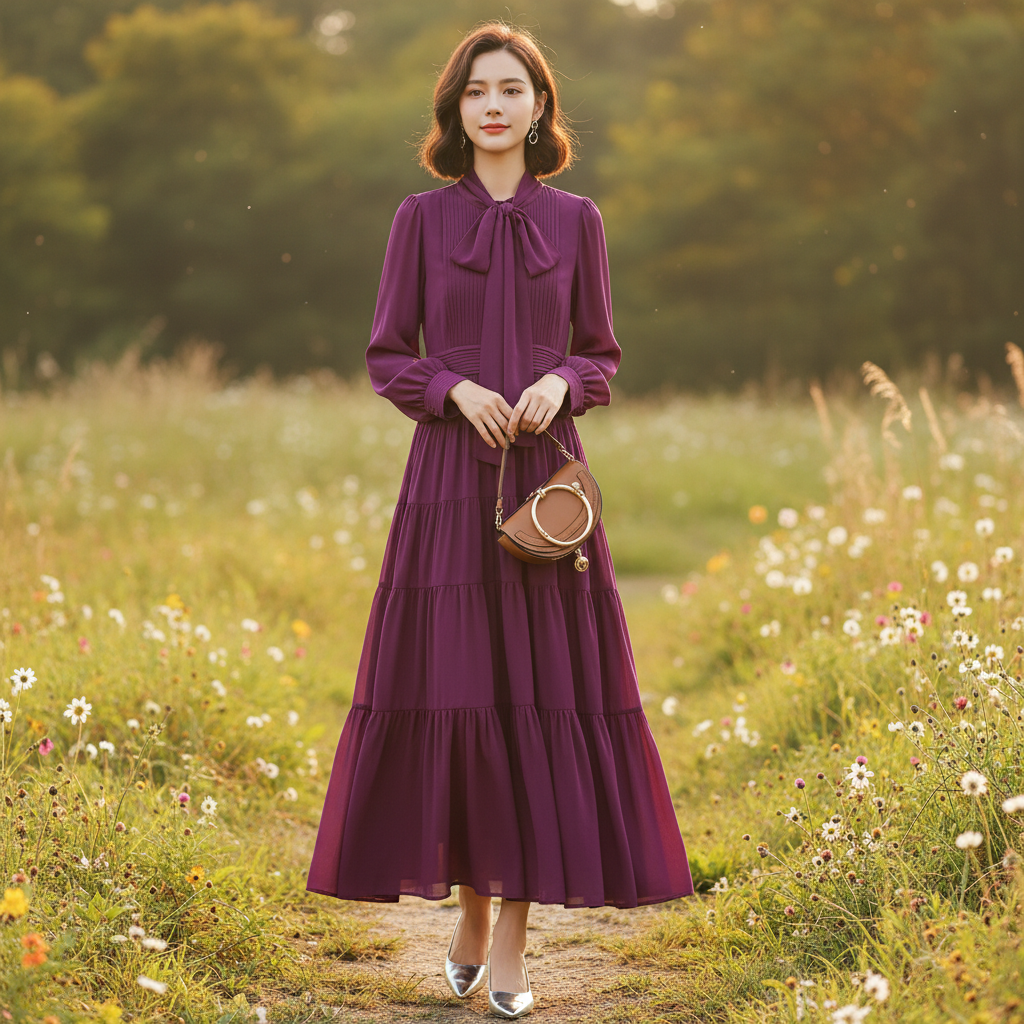 Chiffonkleid für Damen mit Bindekragen und langen Ärmeln