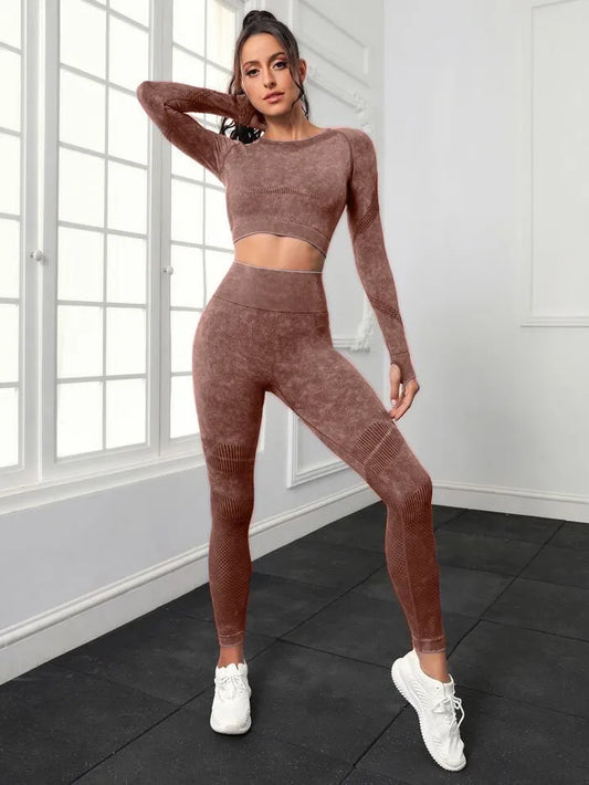 Women's Long Sleeve Crop Top and Fitness Yoga Pants Two-piece Set - ChoreGirl