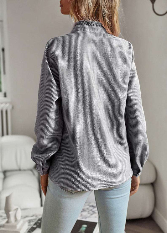 Women's Long Sleeve Striped Button Up Shirt with Ruffle Design - ChoreGirl
