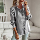 Women's Long Sleeve Striped Button Up Shirt with Ruffle Design