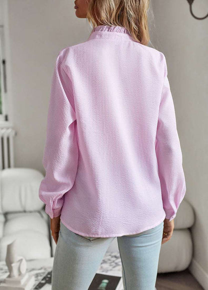 Women's Long Sleeve Striped Button Up Shirt with Ruffle Design - ChoreGirl