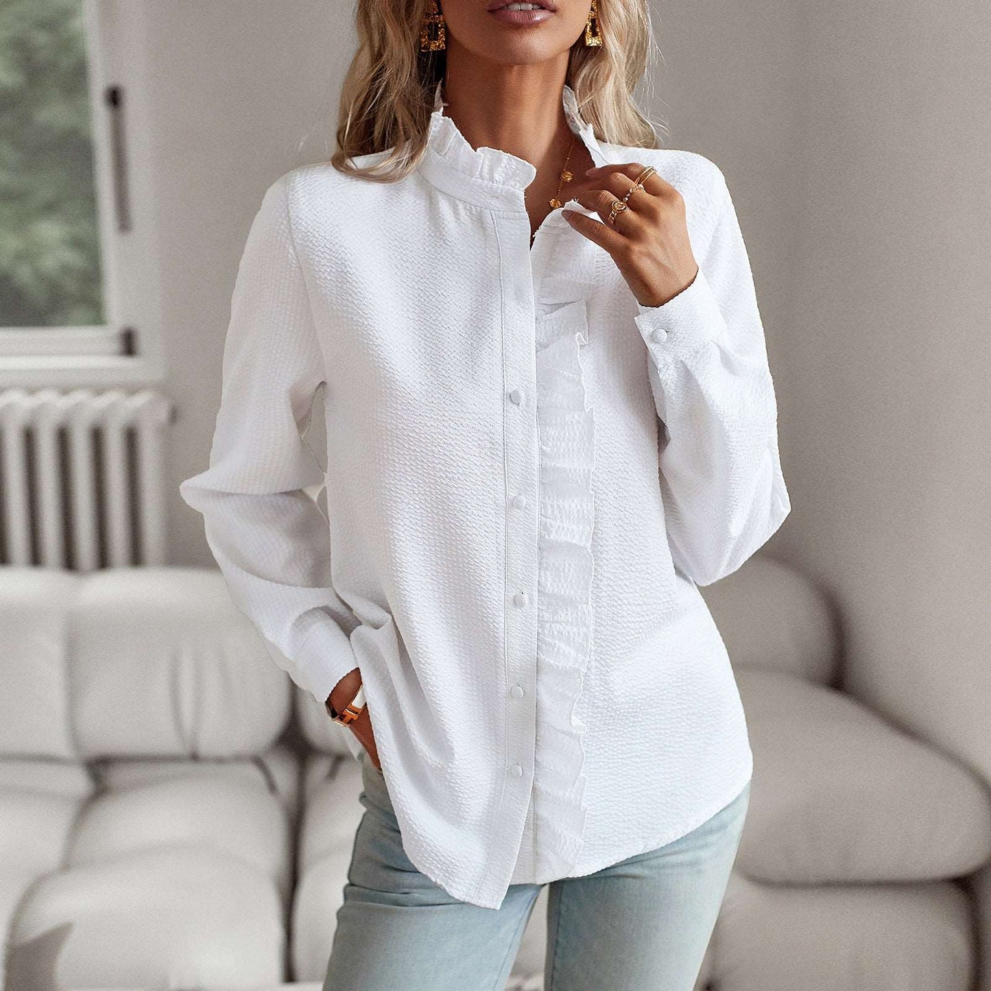 Women's Long Sleeve Striped Button Up Shirt with Ruffle Design - ChoreGirl
