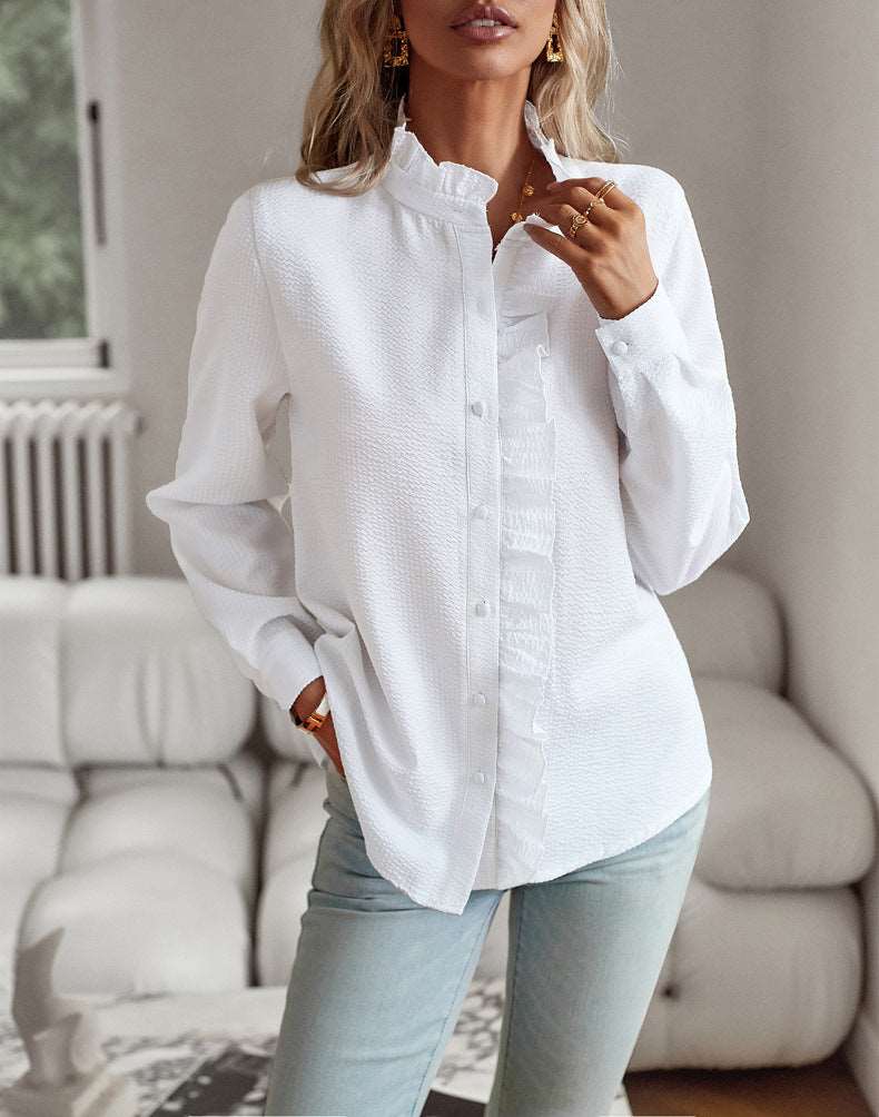 Women's Long Sleeve Striped Button Up Shirt with Ruffle Design - ChoreGirl