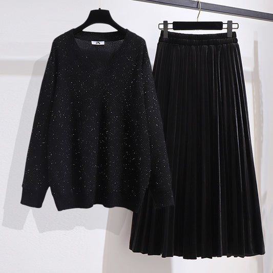 Women's Loose V-neck Sweater and Velvet Skirt Outfit Set Pieces - ChoreGirl