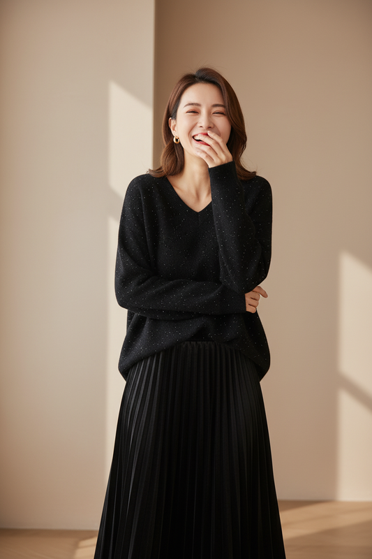 V-Neck Sweater & Velvet Skirt Set - Elegant Two-Piece