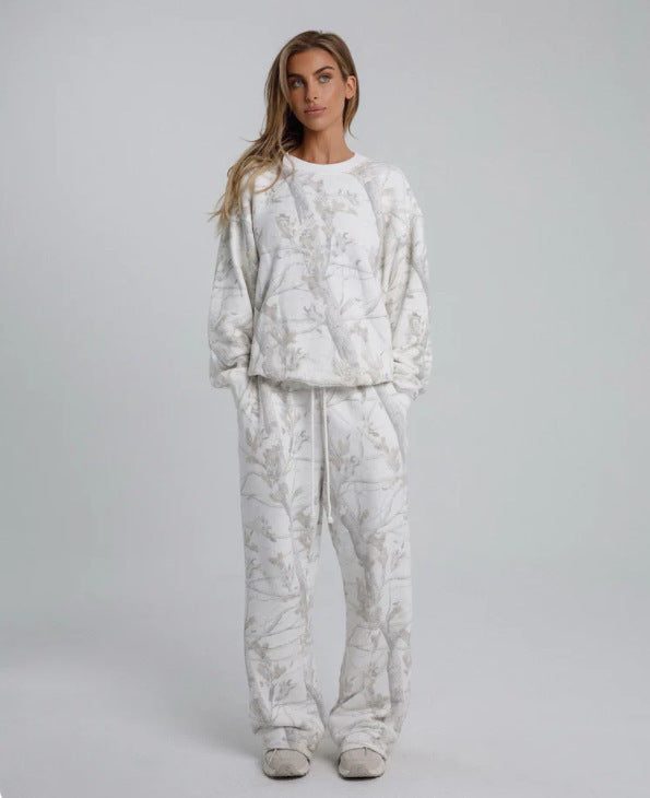 Women's Maple Leaf Print Sweatshirt and Sweatpants Sports Outfit Set - ChoreGirl