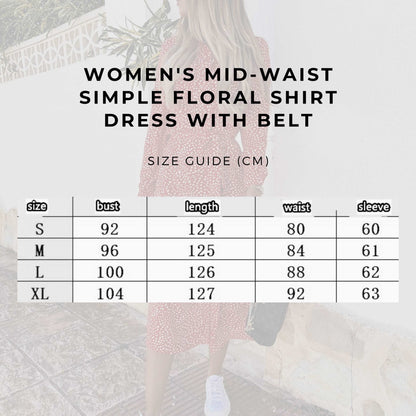 Women's Mid-waist Simple Floral Shirt Dress with Belt - ChoreGirl