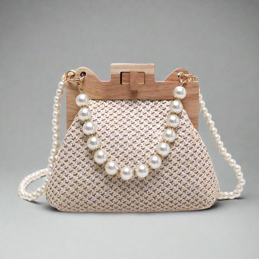 Women's Pearl Chain Handle Straw Woven Shoulder Bag - ChoreGirl