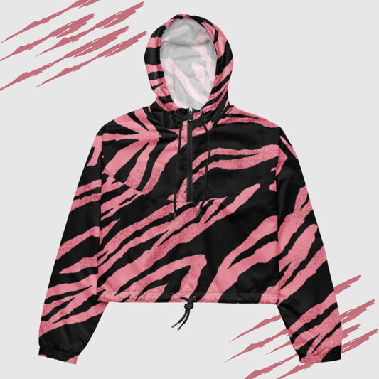 Custom Women’s Pink Tiger Pattern Cropped Windbreaker Jacket | PERSONALIZED - ChoreGirl