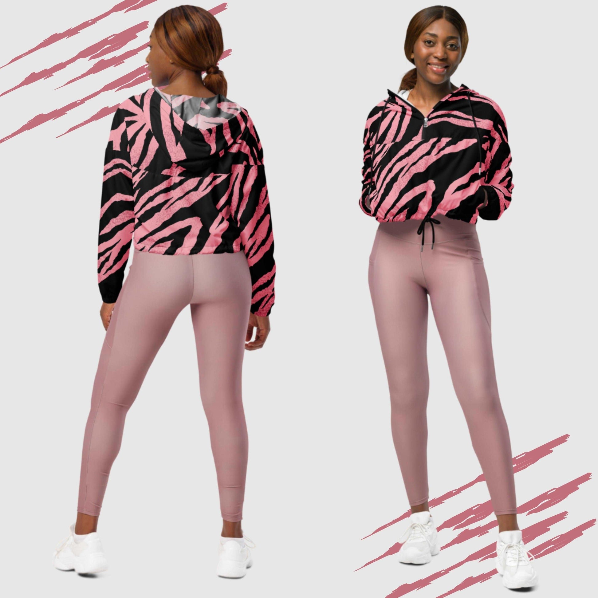 Custom Women’s Pink Tiger Pattern Cropped Windbreaker Jacket | PERSONALIZED - ChoreGirl
