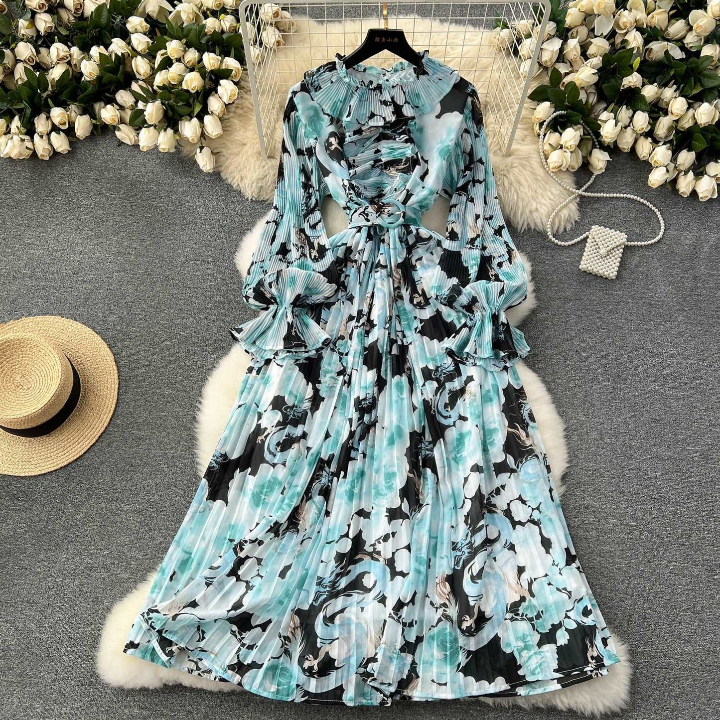 Women's Pleated Ruffle Collar Slim-fit Mid-length Chiffon Dress - ChoreGirl