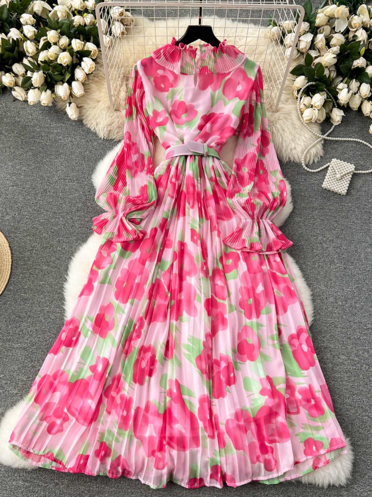 Women's Pleated Ruffle Collar Slim-fit Mid-length Chiffon Dress - ChoreGirl
