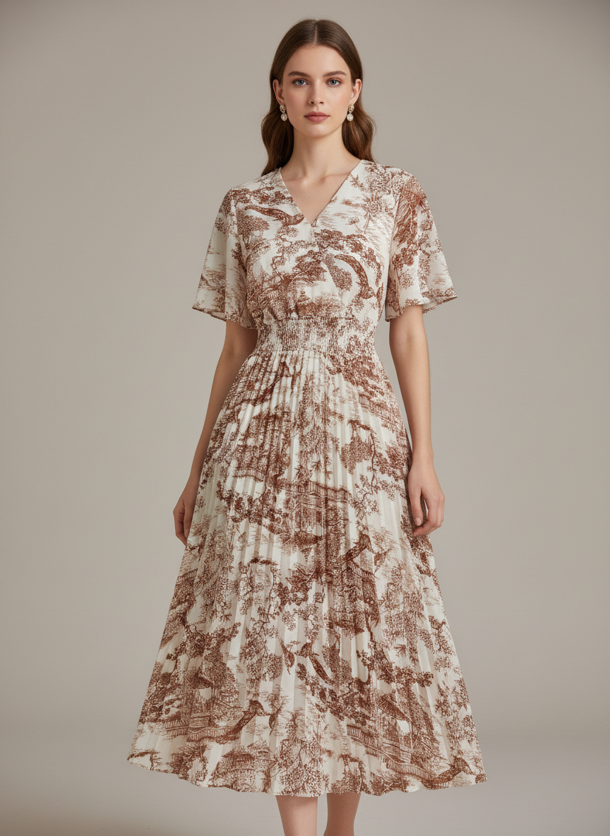 Damenkleid mit Falten und V-Ausschnitt – ausgestellte Ärmel, schmale Taille