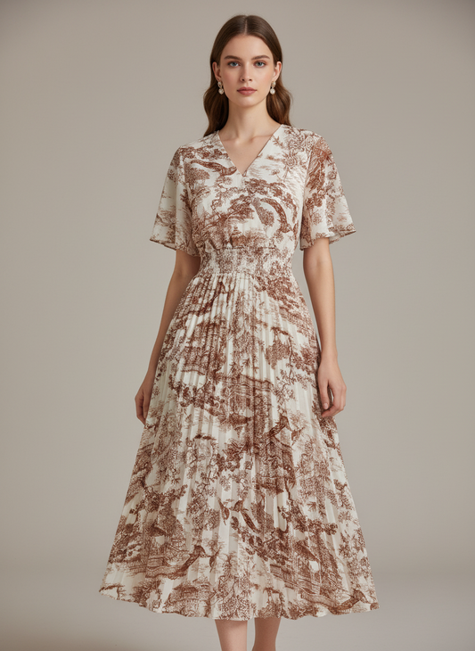 Plissiertes Kleid für Damen mit V-Ausschnitt, ausgestellten Ärmeln und schmaler Taille