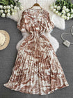Women's Pleated Style V-neck Flared Sleeves Slim Waist Dress