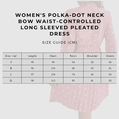 Women's Polka-dot Neck Bow Waist-controlled Long Sleeved Pleated Dress - ChoreGirl
