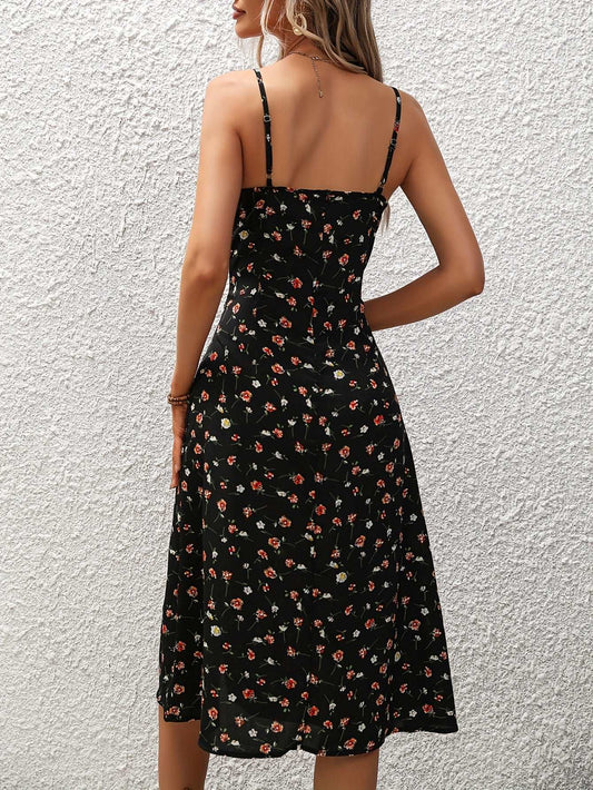 Women's Polka Dot Print Long Suspender Dress with Slit - ChoreGirl