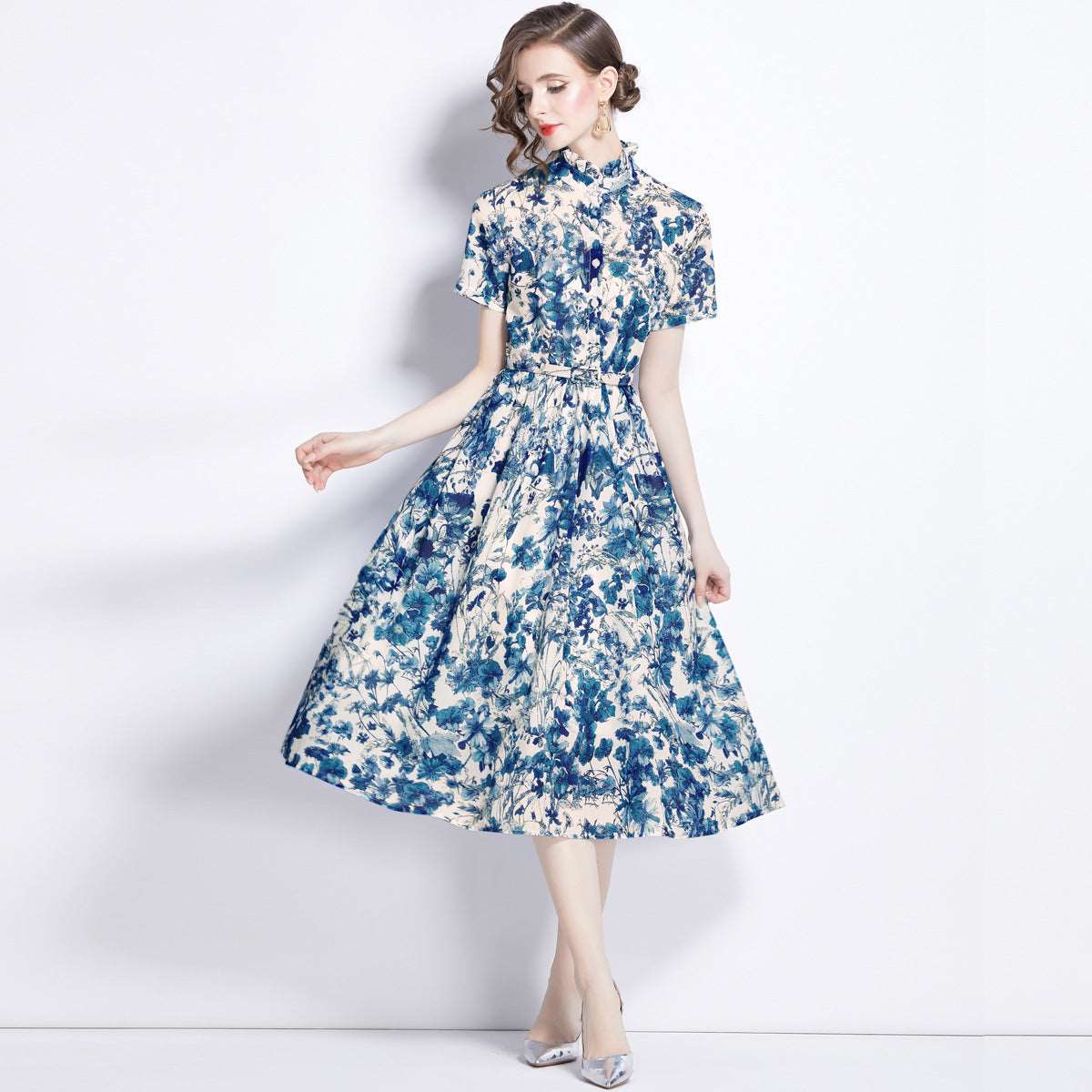 Women's Printed Butterfly Short Sleeve Slim Fit Dress - ChoreGirl
