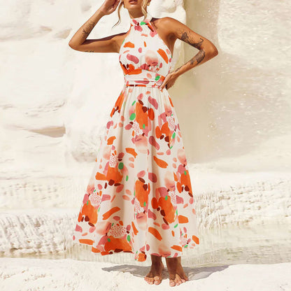 Women's Printed Stand Collar Sleeveless Dress - ChoreGirl