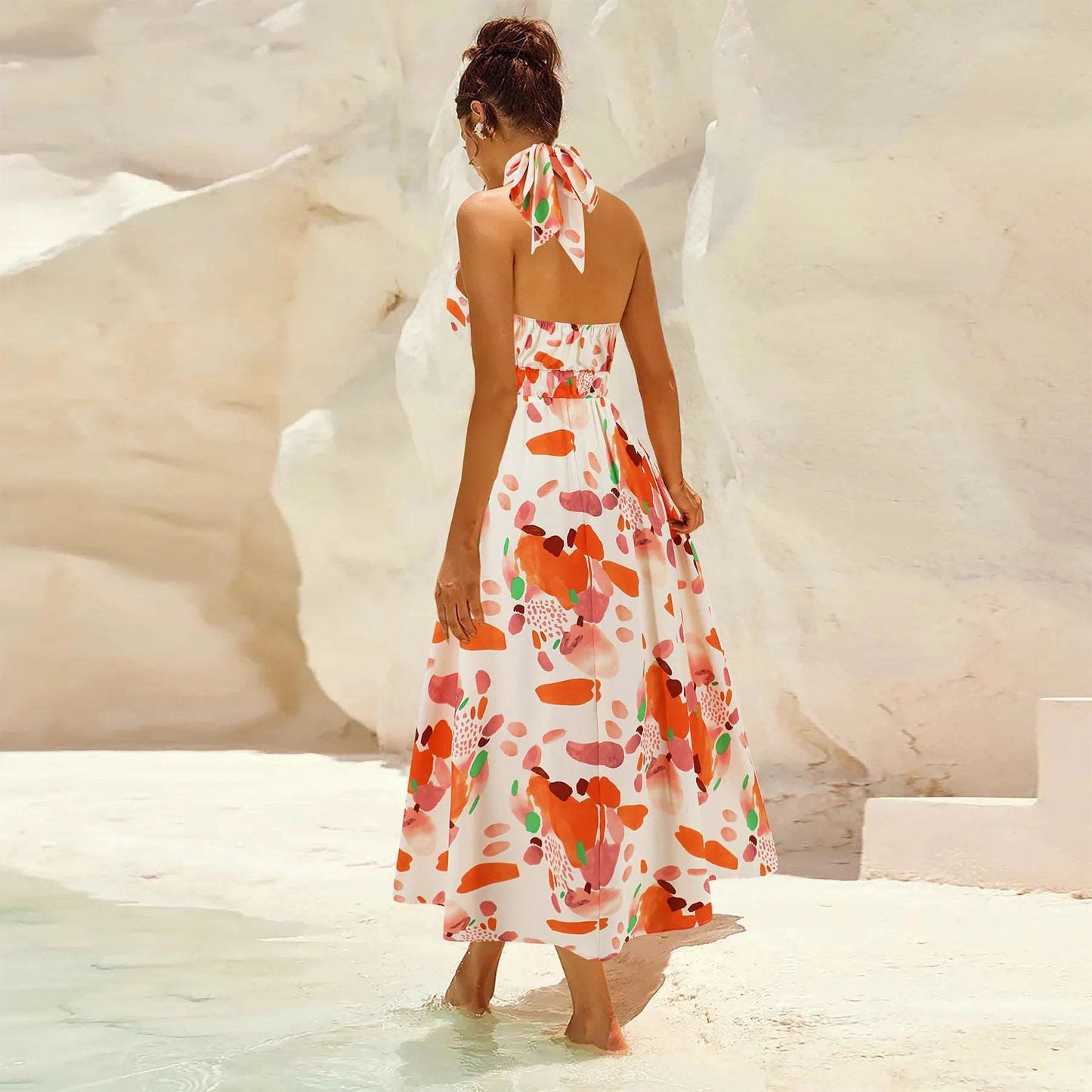 Women's Printed Stand Collar Sleeveless Dress - ChoreGirl