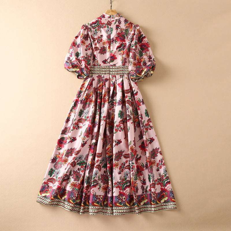 Women's Puff Sleeve Printed Pleated Swing Dress - ChoreGirl