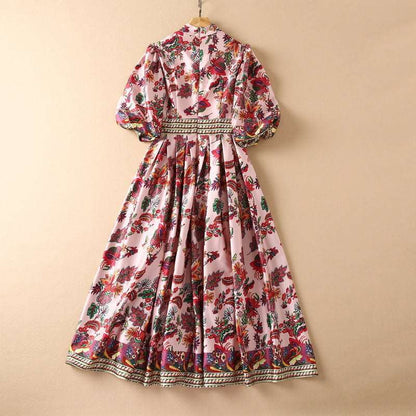 Women's Puff Sleeve Printed Pleated Swing Dress - ChoreGirl