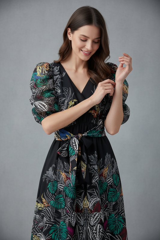 Elegant Puff Sleeve V-Neck Dress - Floral Print Evening Gown