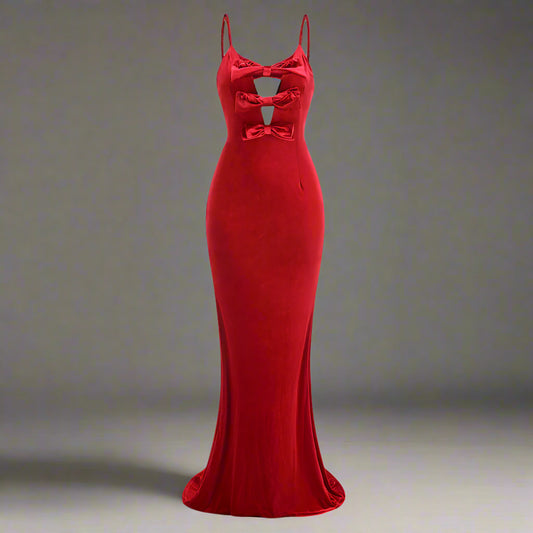 Women's Red Bowknot Velvet Long Tail Dress - ChoreGirl