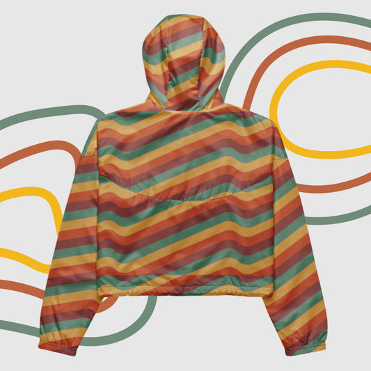 Custom Women’s Retro Wavy Lines Cropped Windbreaker Jacket | PERSONALIZED - ChoreGirl