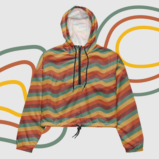 Custom Women’s Retro Wavy Lines Cropped Windbreaker Jacket | PERSONALIZED - ChoreGirl