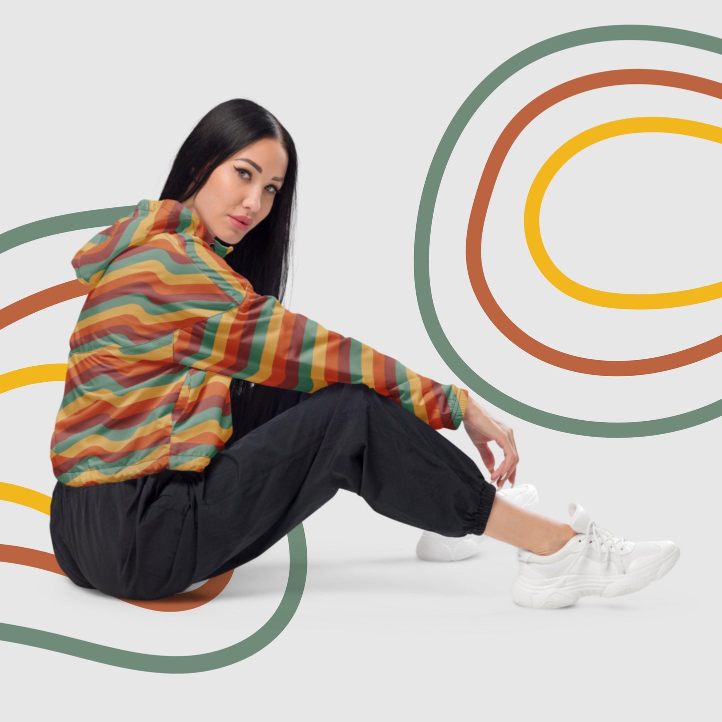 Custom Women’s Retro Wavy Lines Cropped Windbreaker Jacket | PERSONALIZED - ChoreGirl