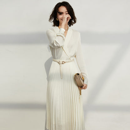 Women's Retro Elegance Silk Pleated Dress - ChoreGirl