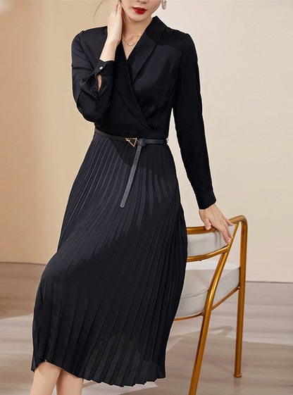 Women's Retro Elegance Silk Pleated Dress - ChoreGirl