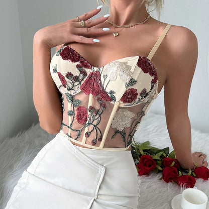 Women's Retro Net Yarn Flowers Embroidered Corset Strap Top - ChoreGirl