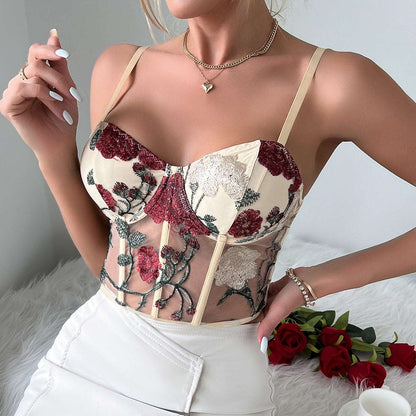 Women's Retro Net Yarn Flowers Embroidered Corset Strap Top - ChoreGirl