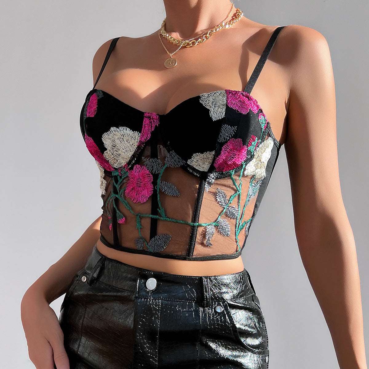 Women's Retro Net Yarn Flowers Embroidered Corset Strap Top - ChoreGirl