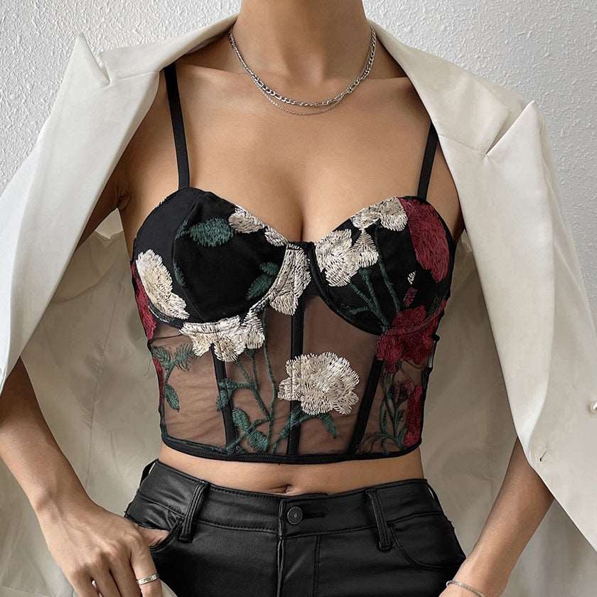 Women's Retro Net Yarn Flowers Embroidered Corset Strap Top - ChoreGirl