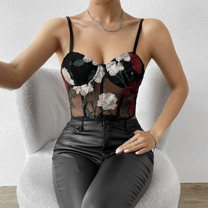 Women's Retro Net Yarn Flowers Embroidered Corset Strap Top - ChoreGirl