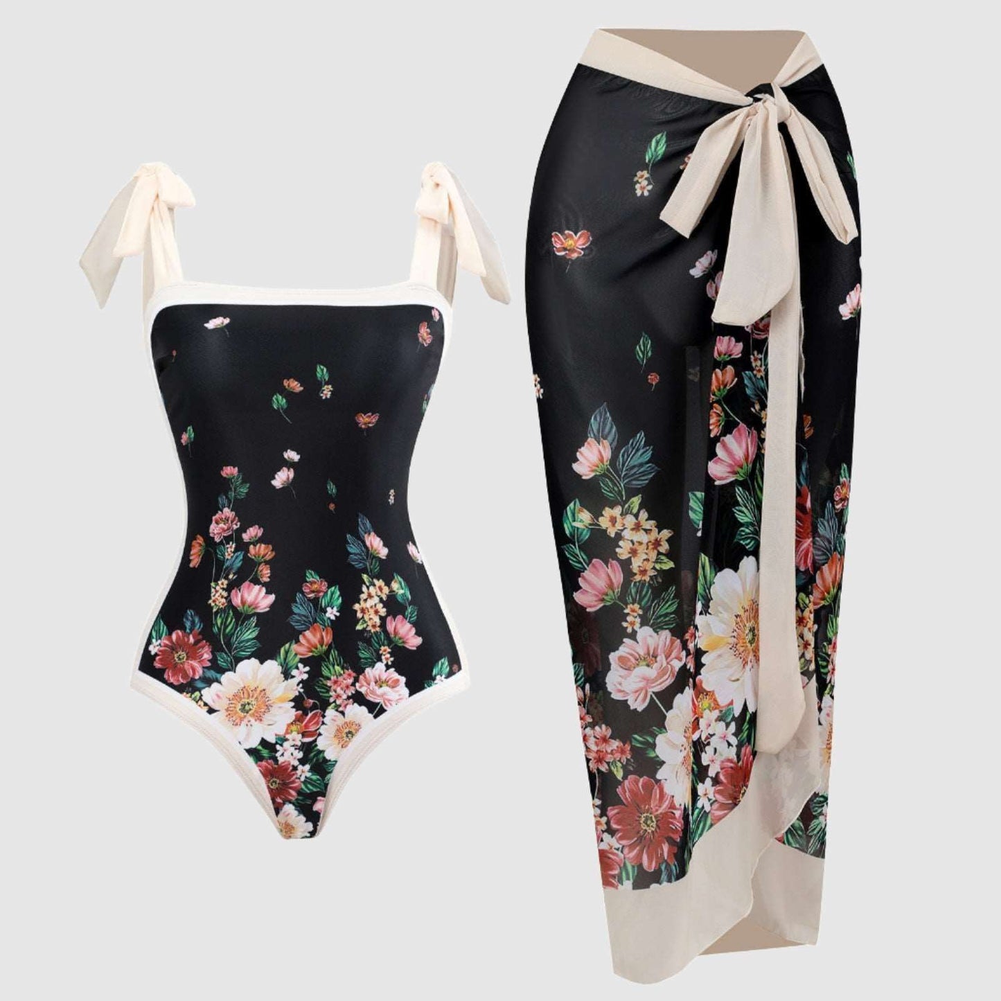 Women's Retro One-piece Swimsuit and Cover-up Scarf Set - ChoreGirl