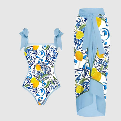 Women's Retro One-piece Swimsuit and Cover-up Scarf Set - ChoreGirl