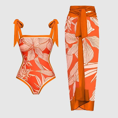 Women's Retro One-piece Swimsuit and Cover-up Scarf Set - ChoreGirl