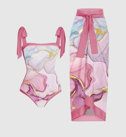 Women's Retro One-piece Swimsuit and Cover-up Scarf Set - ChoreGirl