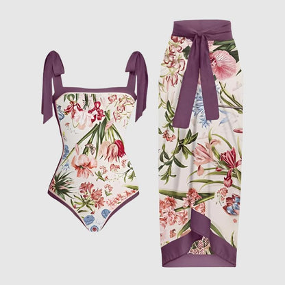 Women's Retro One-piece Swimsuit and Cover-up Scarf Set - ChoreGirl