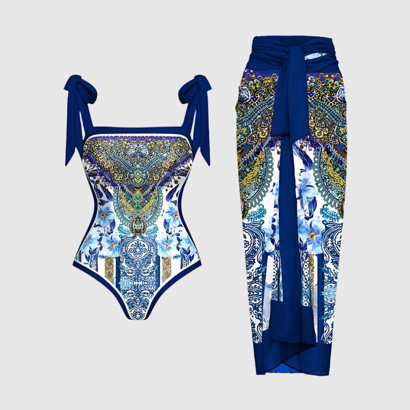 Women's Retro One-piece Swimsuit and Cover-up Scarf Set - ChoreGirl