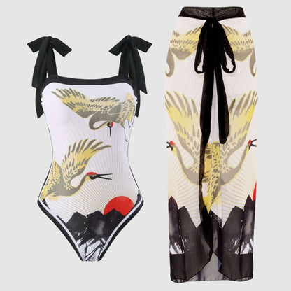 Women's Retro One-piece Swimsuit and Cover-up Scarf Set - ChoreGirl