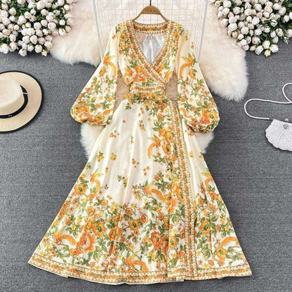 Women's Retro Pleated Puff Sleeve A-line High Waist Dress with Floral Print - ChoreGirl