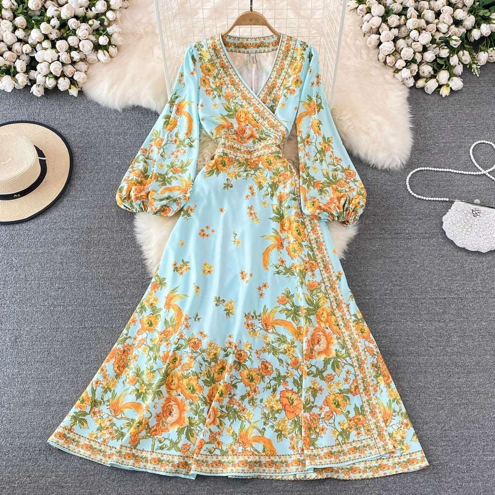Women's Retro Pleated Puff Sleeve A-line High Waist Dress with Floral Print - ChoreGirl