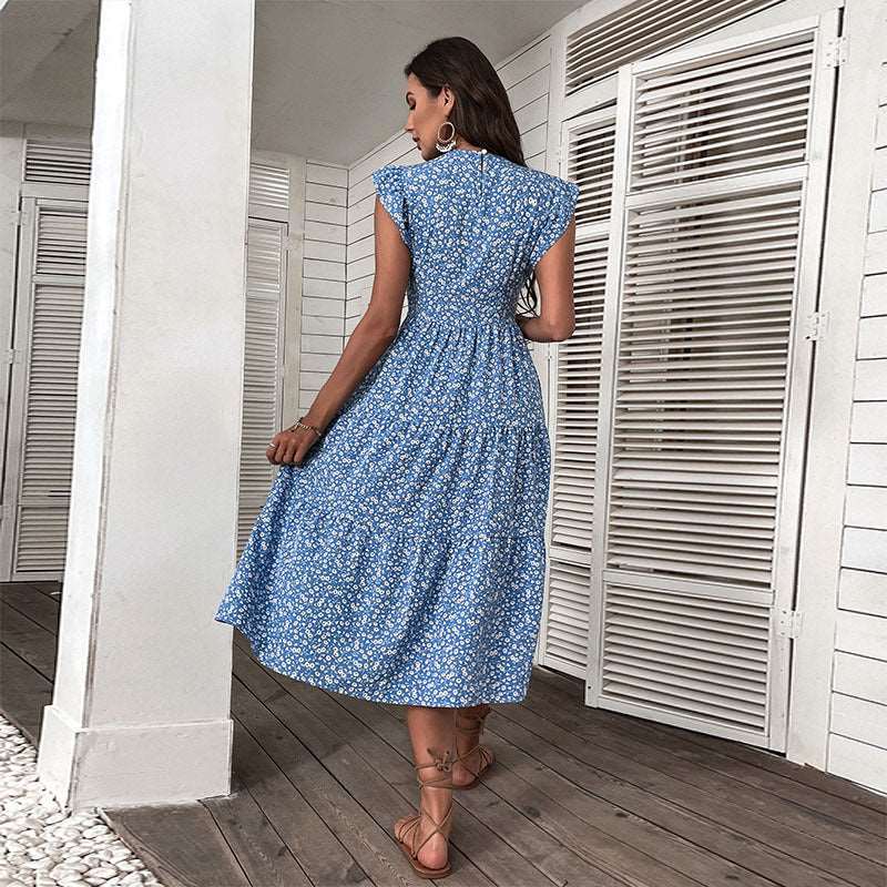 Women's Retro Style High Waist Round Neck Floral Dress - ChoreGirl